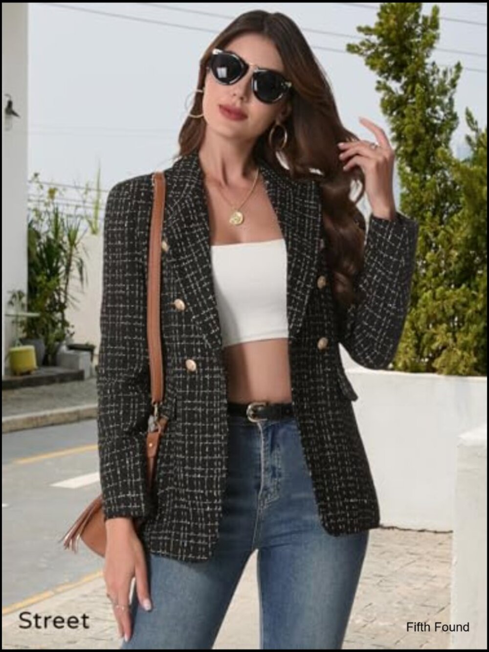 Womens Tweed Plaid Blazer Jacket Fully Lined Business Casual Elegant Work Coat - Picture 3 of 7